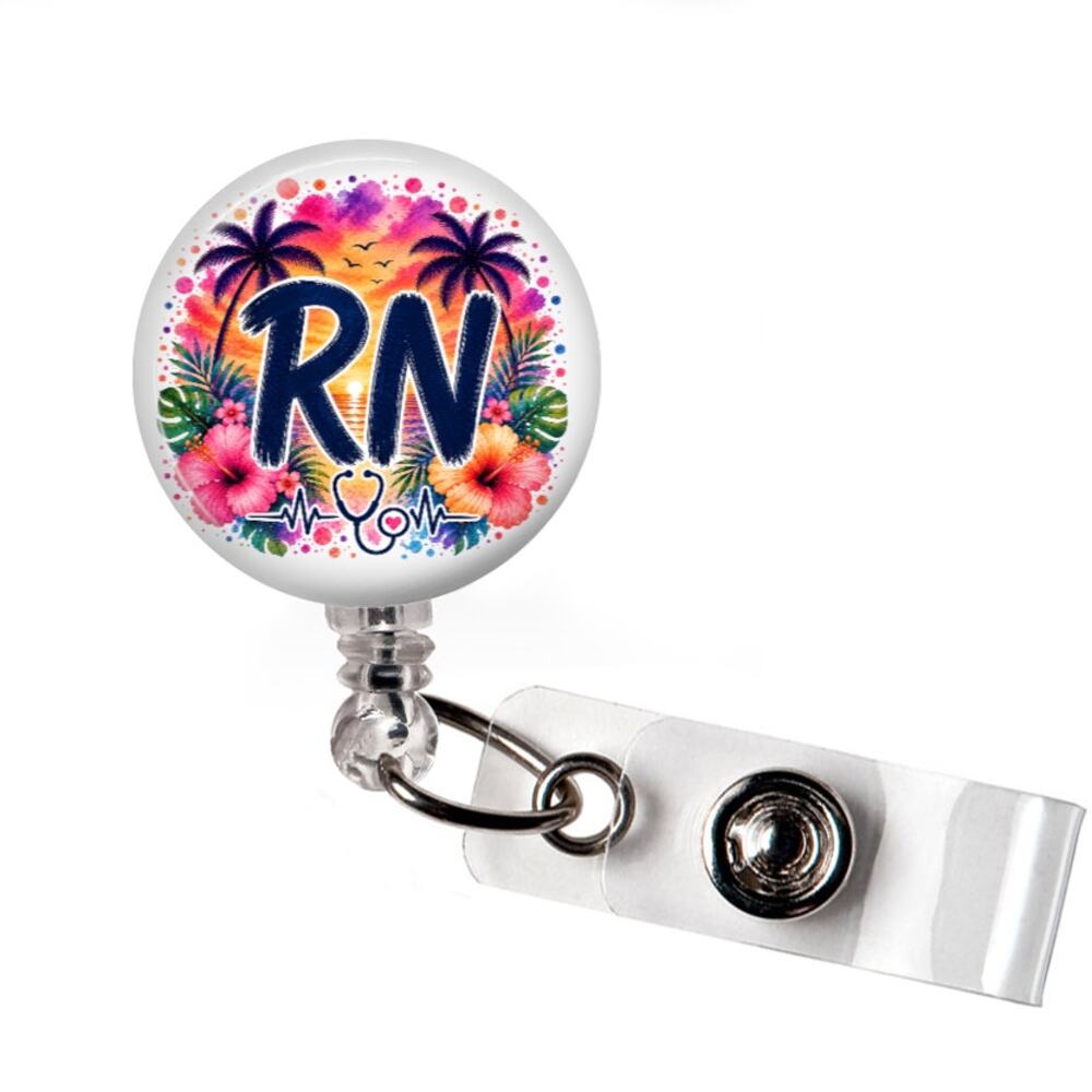 RN Summer Badge Reel Registered Nurse Tropical Beach Hibiscus Healthcare Gift